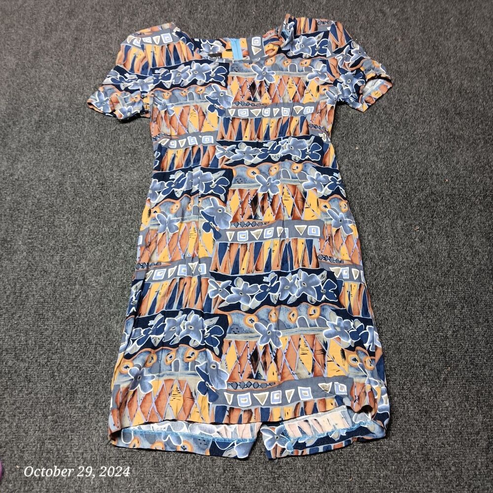 Vintage My Michelle Shirt Dress Women 9 / 10 Blue Busy Floral Fair Isle Abstract